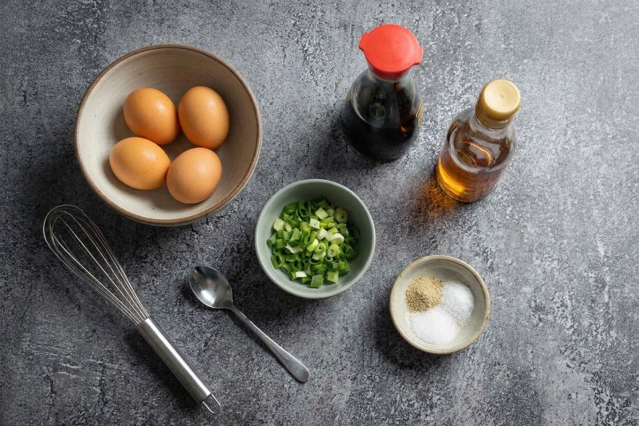Eggs, scallions, soy sauce, sesame oil, and seasonings arranged on a kitchen counter