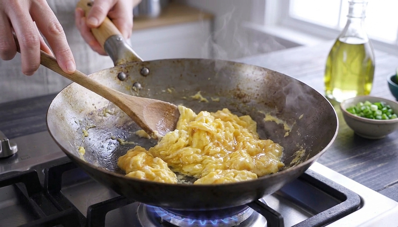 Eggs scrambling into soft curds in a wok with a wooden spoon