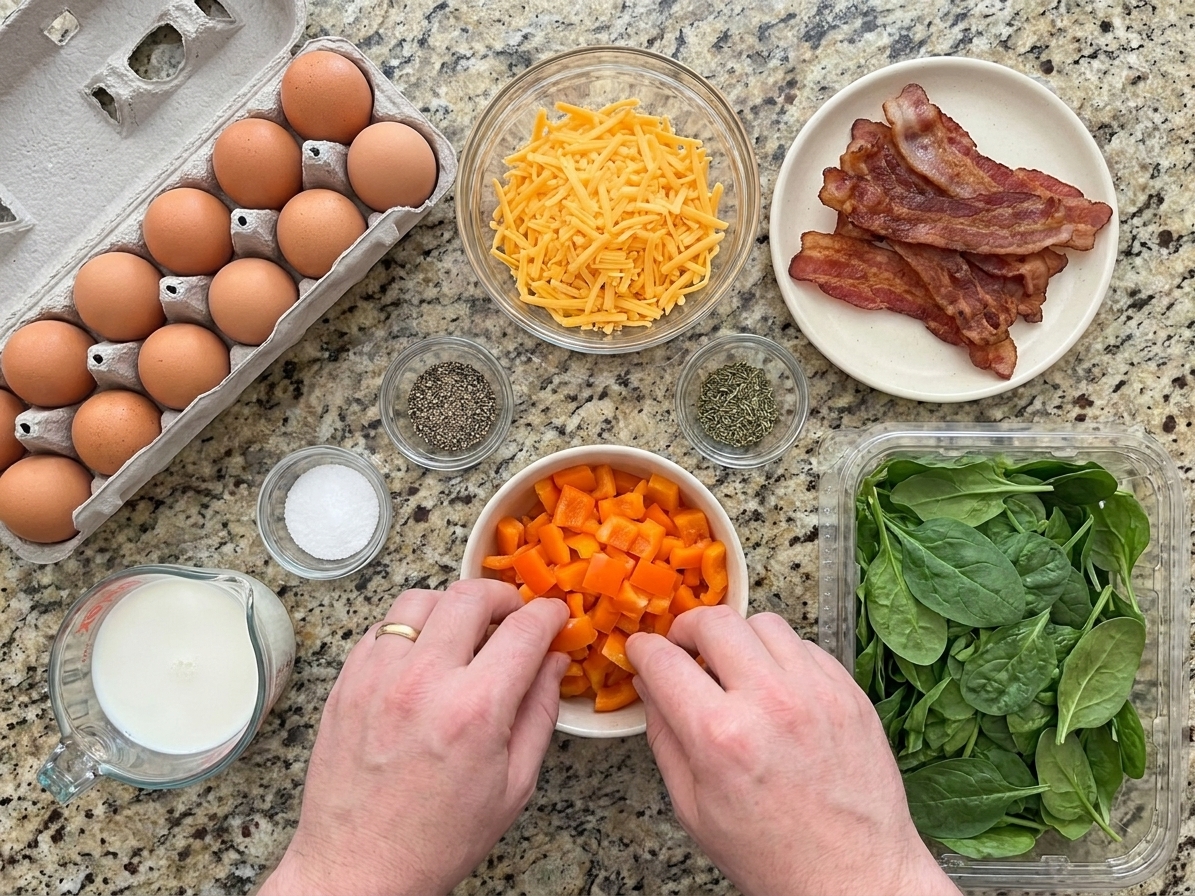 Eggs, shredded cheddar, cooked bacon, diced bell peppers, baby spinach, milk, and seasonings arranged on a bright kitchen counter