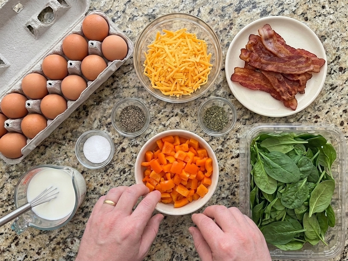 Eggs, shredded cheddar, cooked bacon, diced bell peppers, baby spinach, milk, and seasonings arranged on a bright kitchen counter