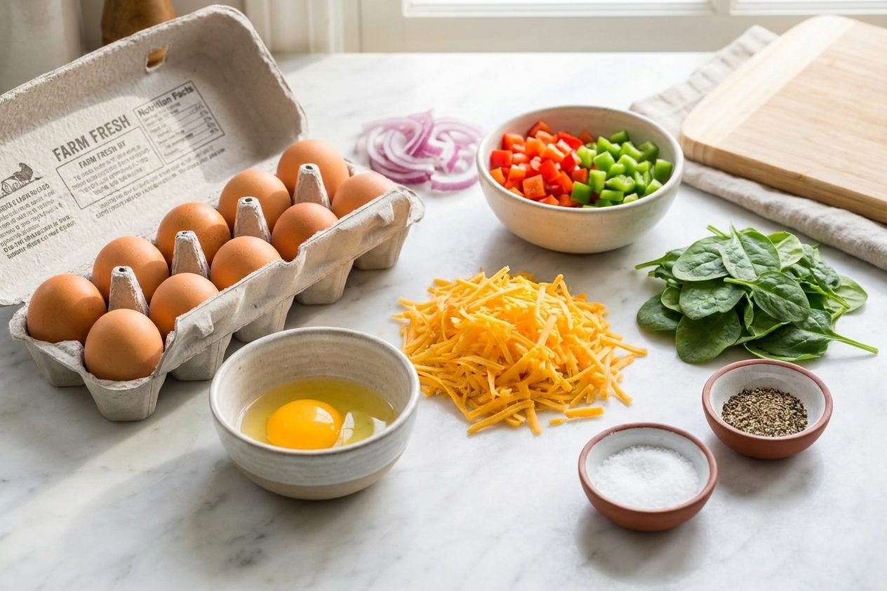 Eggs, shredded cheddar, diced bell pepper, sliced onion, baby spinach, and small bowls of salt and pepper arranged on a bright kitchen counter