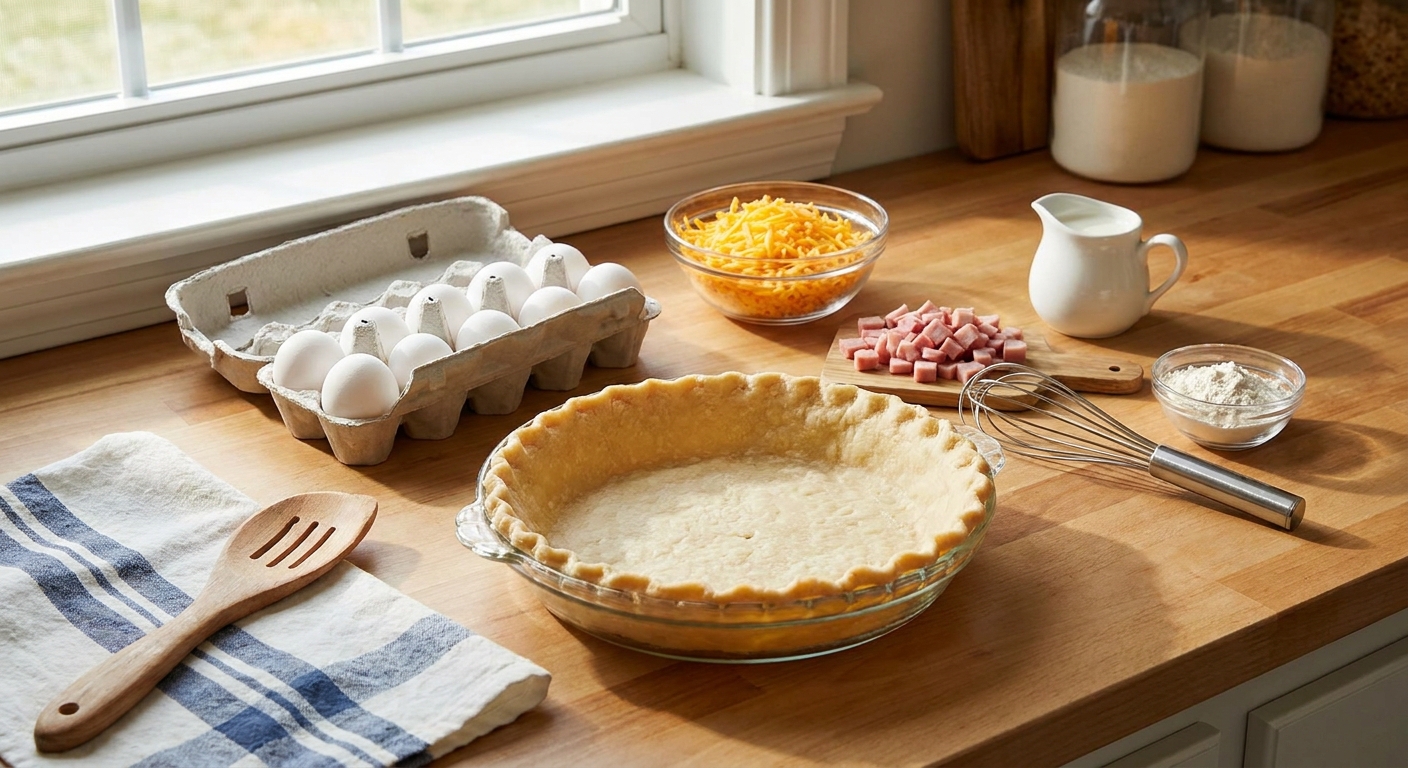 Eggs, shredded cheddar, diced ham, cream, and a pie crust arranged on a kitchen counter, real food photography