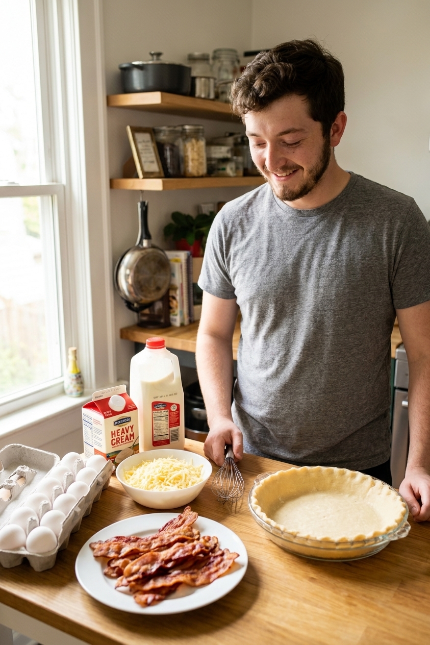 Eggs, shredded cheese, cream, milk, and pre-cooked bacon arranged on a kitchen counter next to a chilled pie crust in a pie dish, natural light
