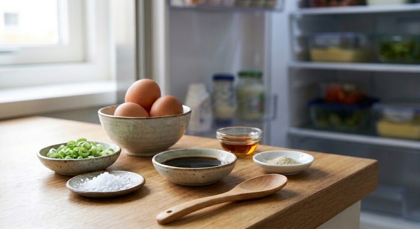Eggs, sliced scallions, soy sauce, sesame oil, salt, and white pepper arranged on a light kitchen counter in small bowls