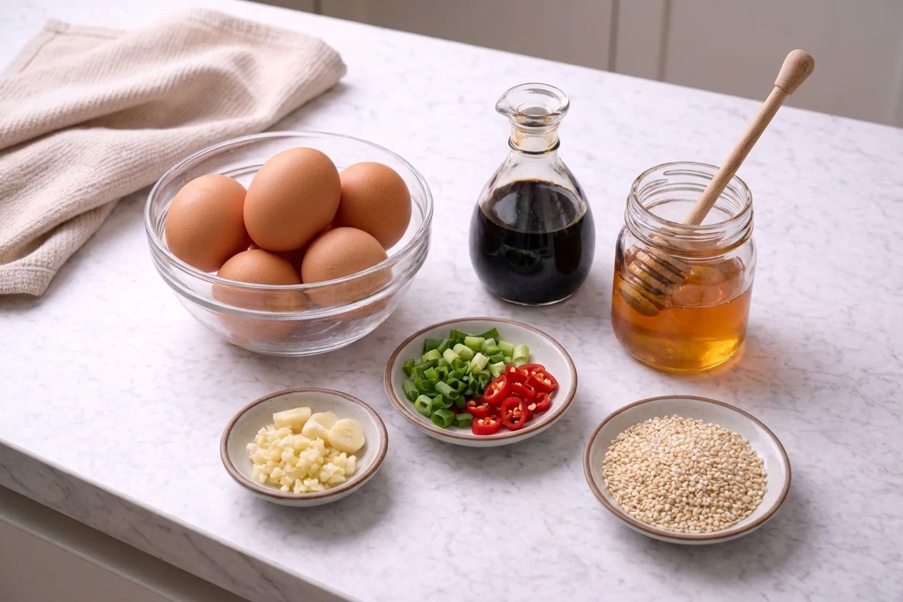 Eggs, soy sauce, garlic, scallions, sesame seeds, honey, and sliced chili arranged for cooking on a kitchen counter