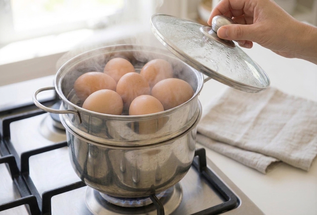 Eggs steaming in a metal steamer basket inside a saucepan with the lid lifted, showing rising steam