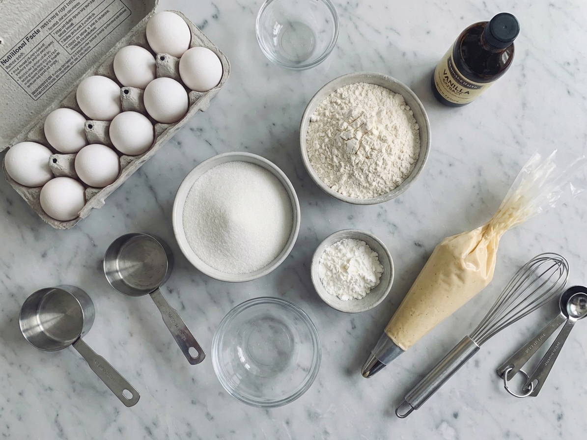 Eggs, sugar, flour, cornstarch, vanilla, and a piping bag set on a clean kitchen counter with measuring tools nearby