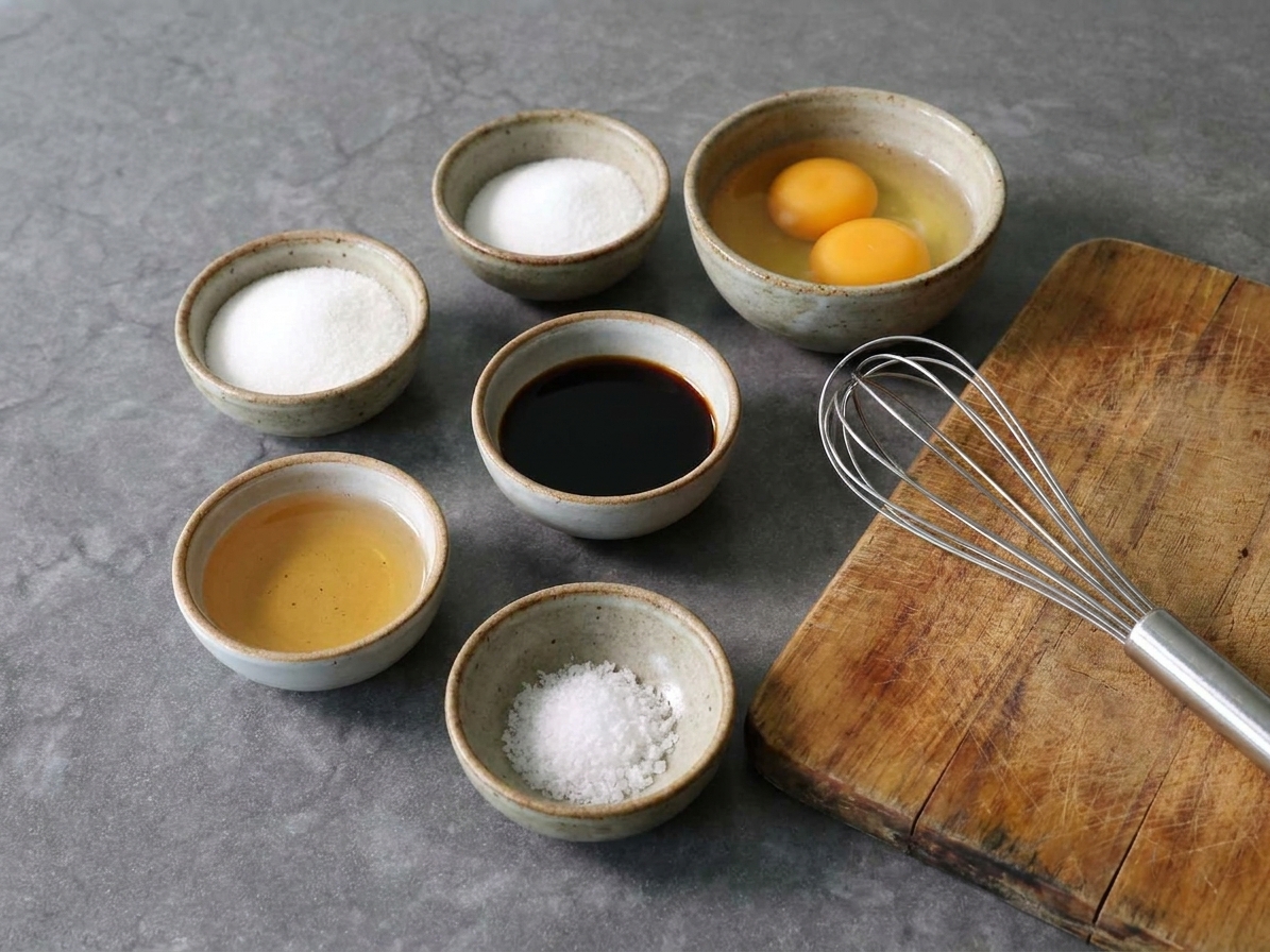 Eggs, sugar, soy sauce, mirin, and salt measured in small bowls on a clean kitchen counter with a whisk and cutting board