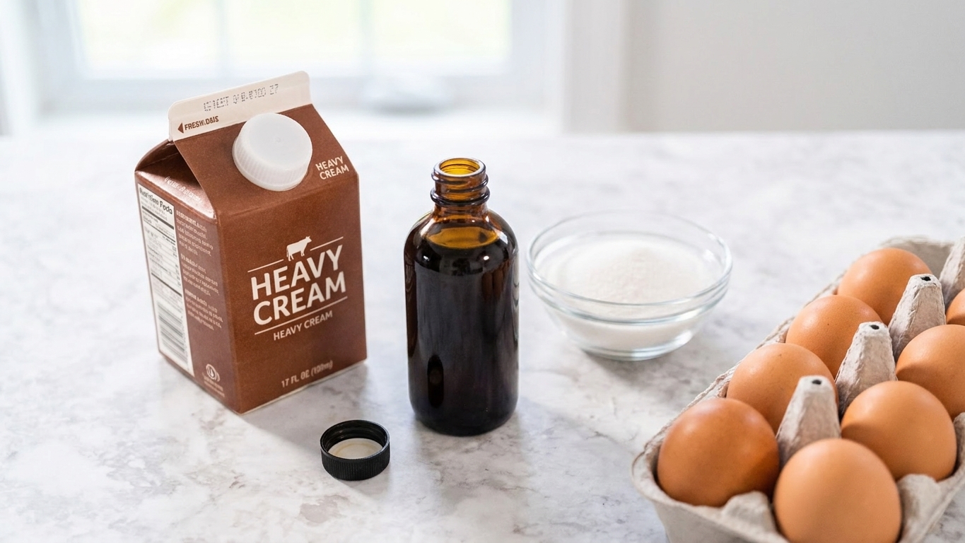 Eggs, sugar, vanilla extract, and a carton of heavy cream arranged neatly on a kitchen counter in bright natural light