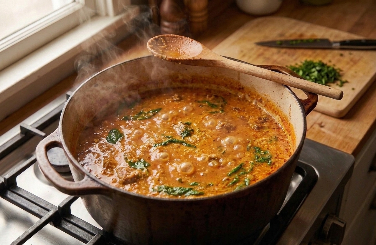 Egusi soup simmering in a large pot on a stovetop with a wooden spoon resting on the rim and gentle bubbles on the surface