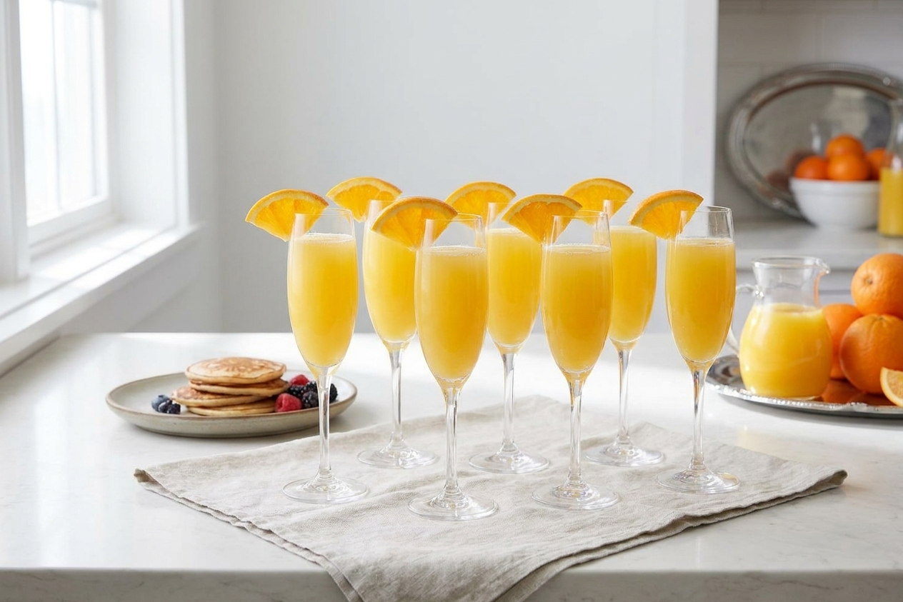 Eight filled mimosa flutes arranged on a brunch table with a simple linen napkin and a plate in soft natural light