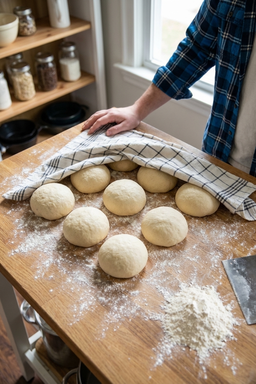 Eight portioned dough balls for bagels resting on a floured counter under a clean kitchen towel, realistic food photography