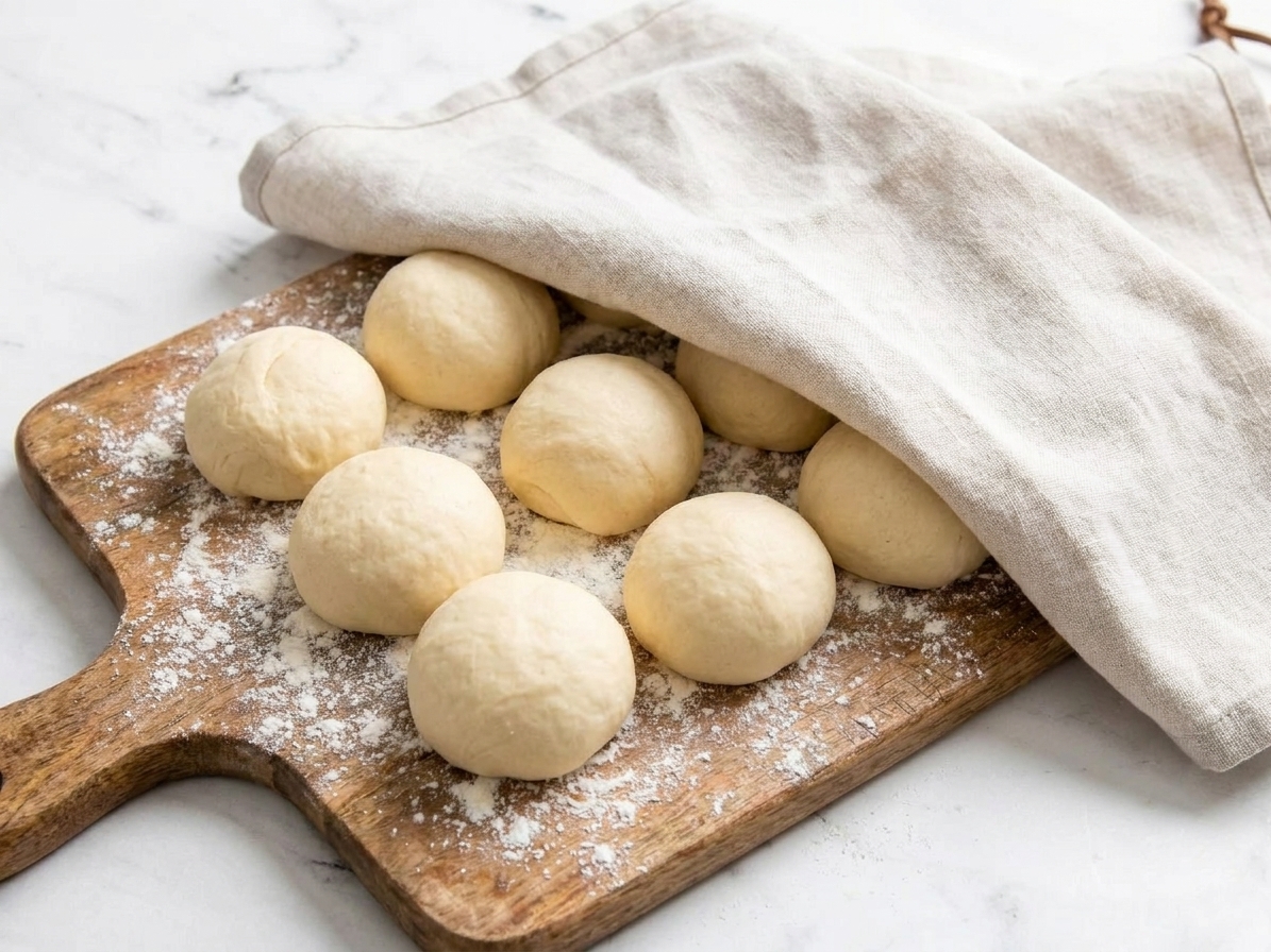 Eight portioned dough balls for naan resting under a clean kitchen towel on a floured wooden board