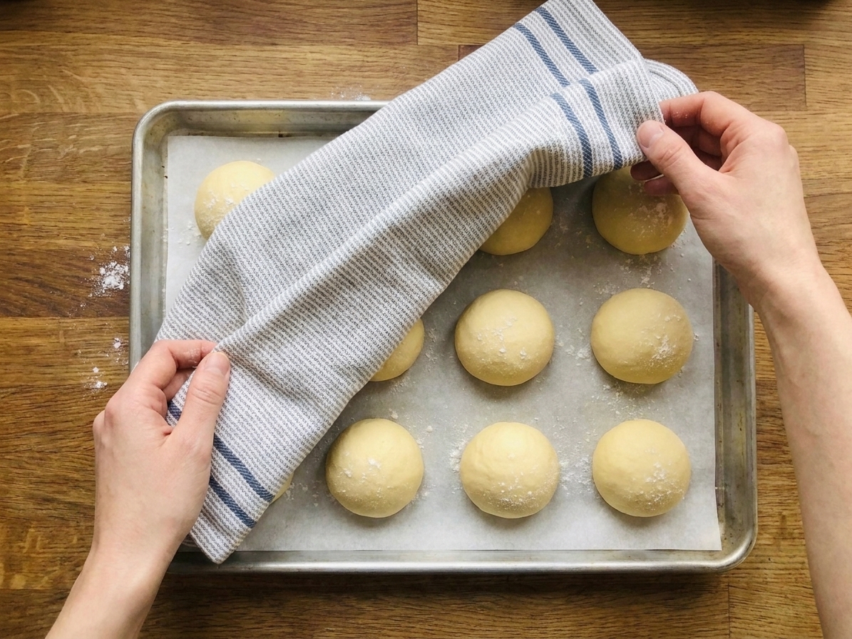 Eight smooth dough balls spaced on a parchment-lined sheet pan, covered with a clean towel on a home kitchen counter