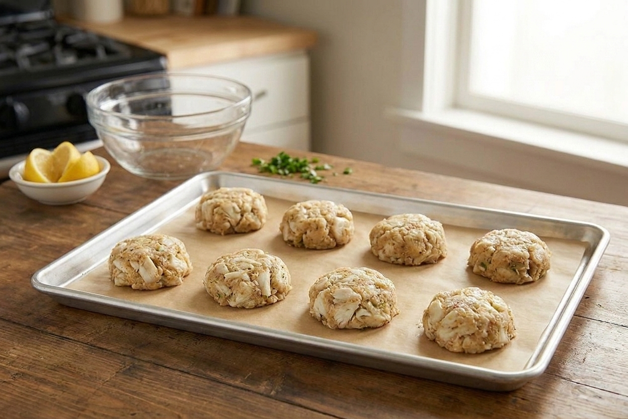 Eight uncooked crab cakes formed and spaced on a parchment-lined sheet pan on a kitchen counter