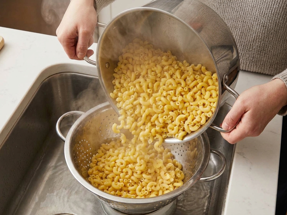 Elbow macaroni being poured into a metal colander over a sink, steam rising
