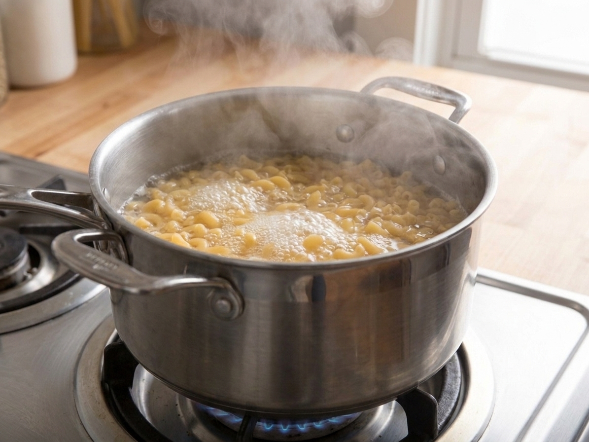 Elbow macaroni boiling in a large pot of water on a stovetop with steam rising