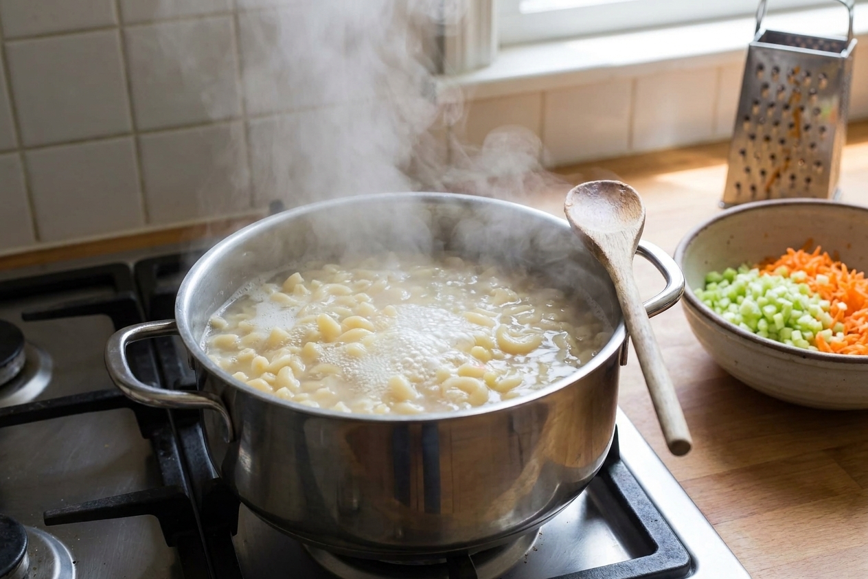 Elbow macaroni boiling in a large stainless steel pot on a home stove, steam rising