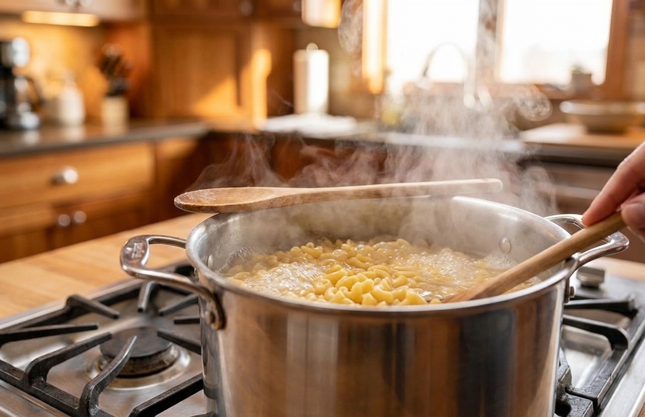 Elbow macaroni boiling in a large stainless steel pot on a stovetop, steam rising, kitchen lighting