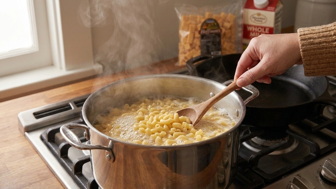 Elbow macaroni boiling in a large stainless steel pot on a stovetop with gentle steam rising