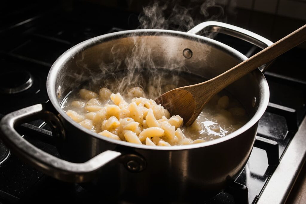 Elbow macaroni boiling in a large stainless steel pot on a stovetop