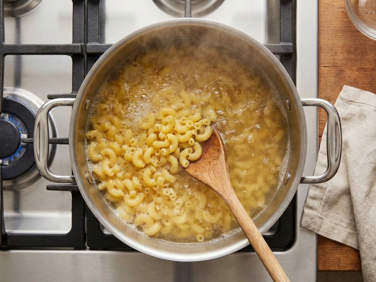 Elbow macaroni boiling in a large stainless steel pot on a home stove