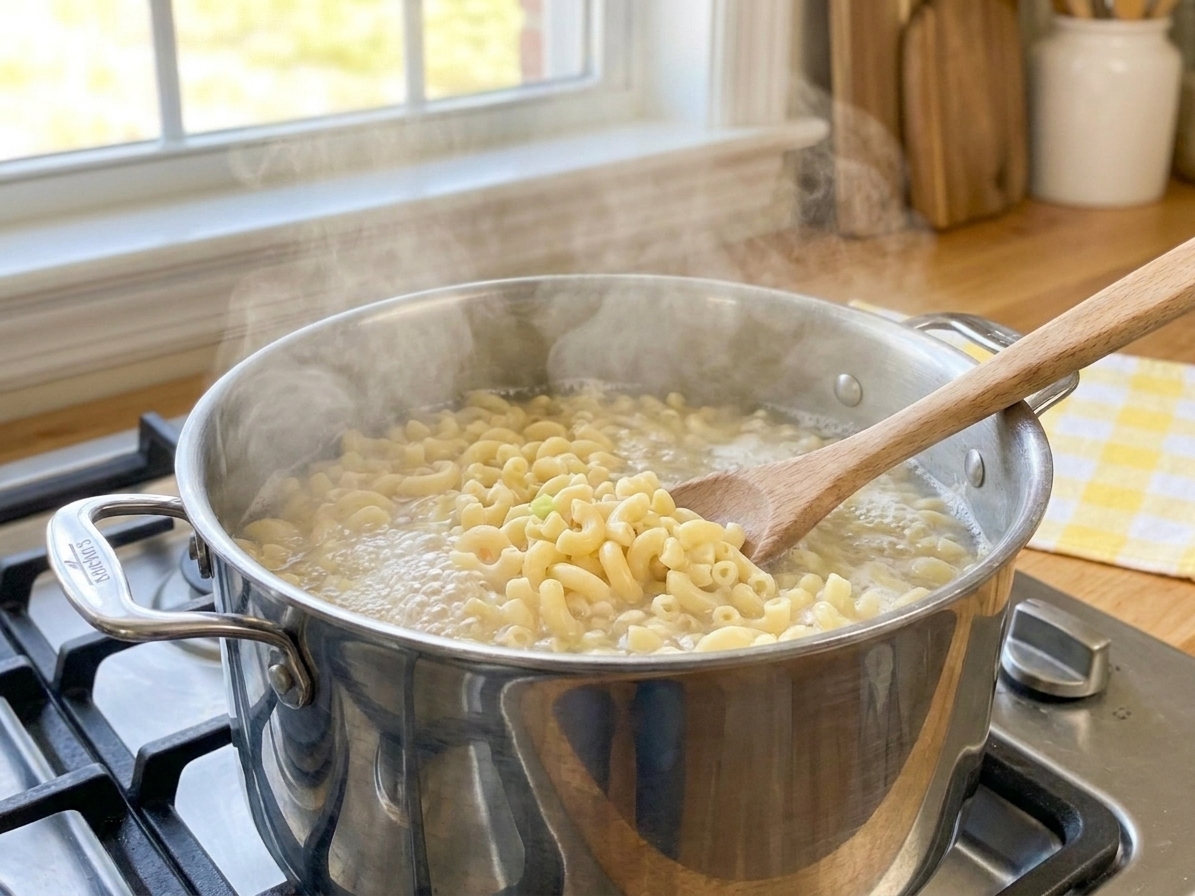 Elbow macaroni boiling in a large stainless steel pot on a home stove, steam rising