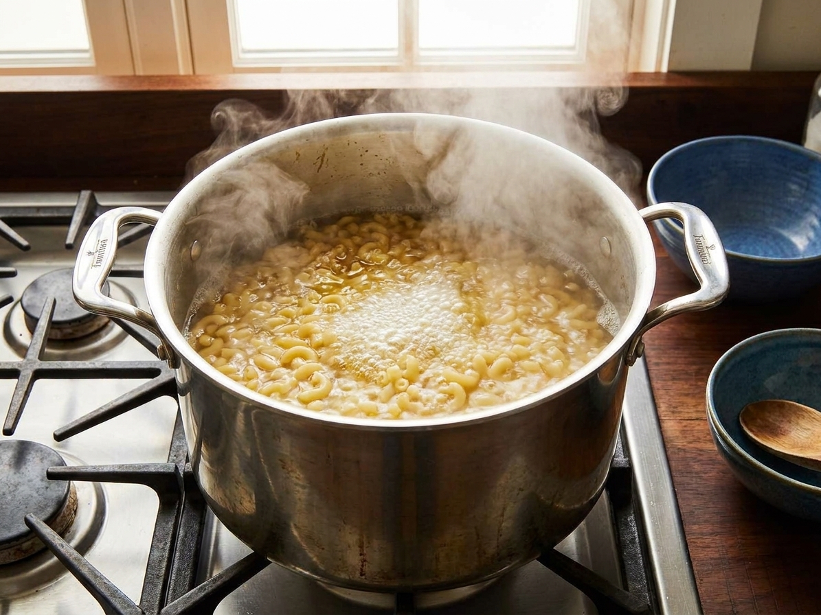 Elbow macaroni boiling in a large stainless steel pot on a stovetop with steam rising