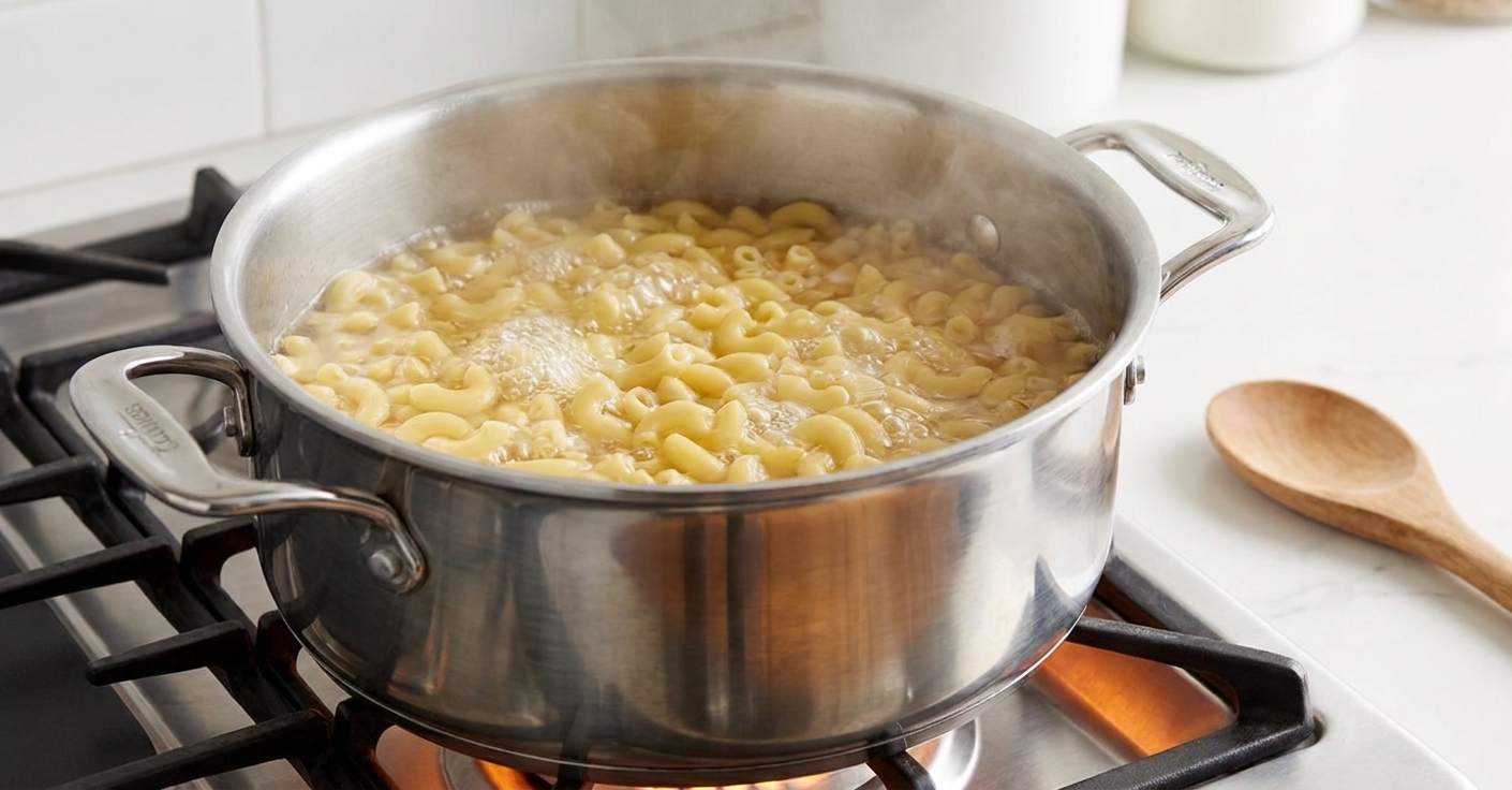 Elbow macaroni boiling in a large stainless steel pot on a stovetop