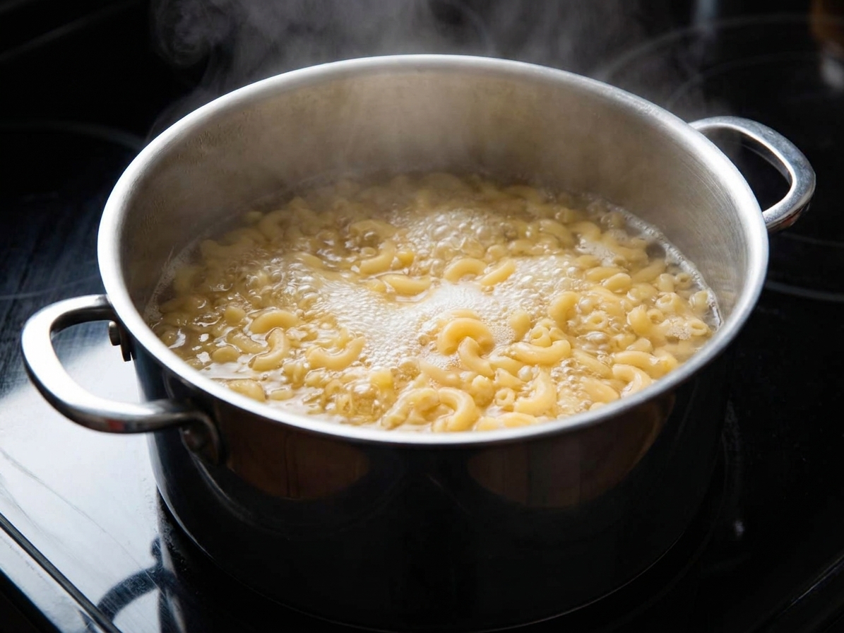 Elbow macaroni boiling in a large stainless steel pot on a stovetop with gently bubbling water