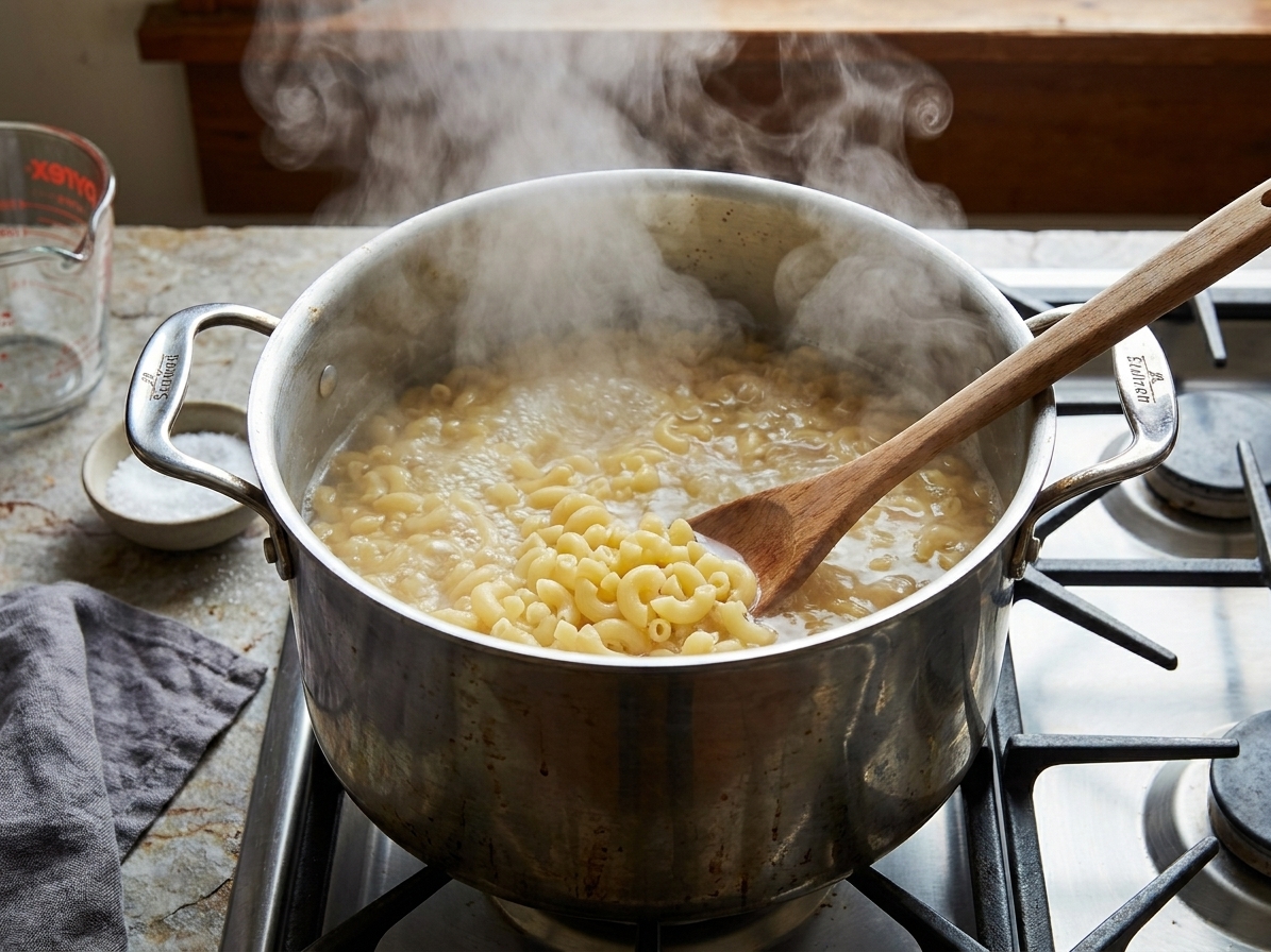 Elbow macaroni boiling in a large stainless steel pot on a stovetop with steam rising
