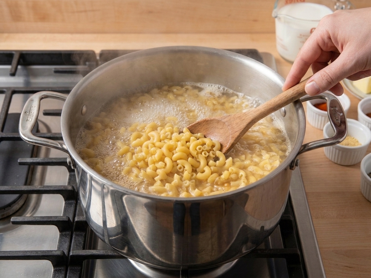 Elbow macaroni boiling in a large stainless steel pot on a stovetop with steam rising