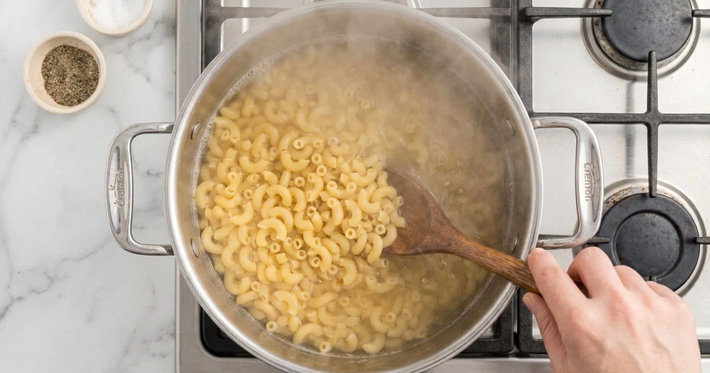 Elbow macaroni boiling in a large stainless steel pot on a home stove with steam rising