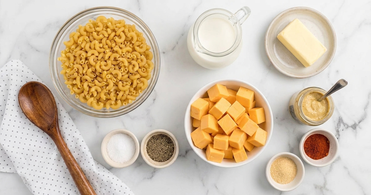 Elbow macaroni, cubed Velveeta, milk, butter, Dijon mustard, and small bowls of spices arranged on a bright kitchen counter