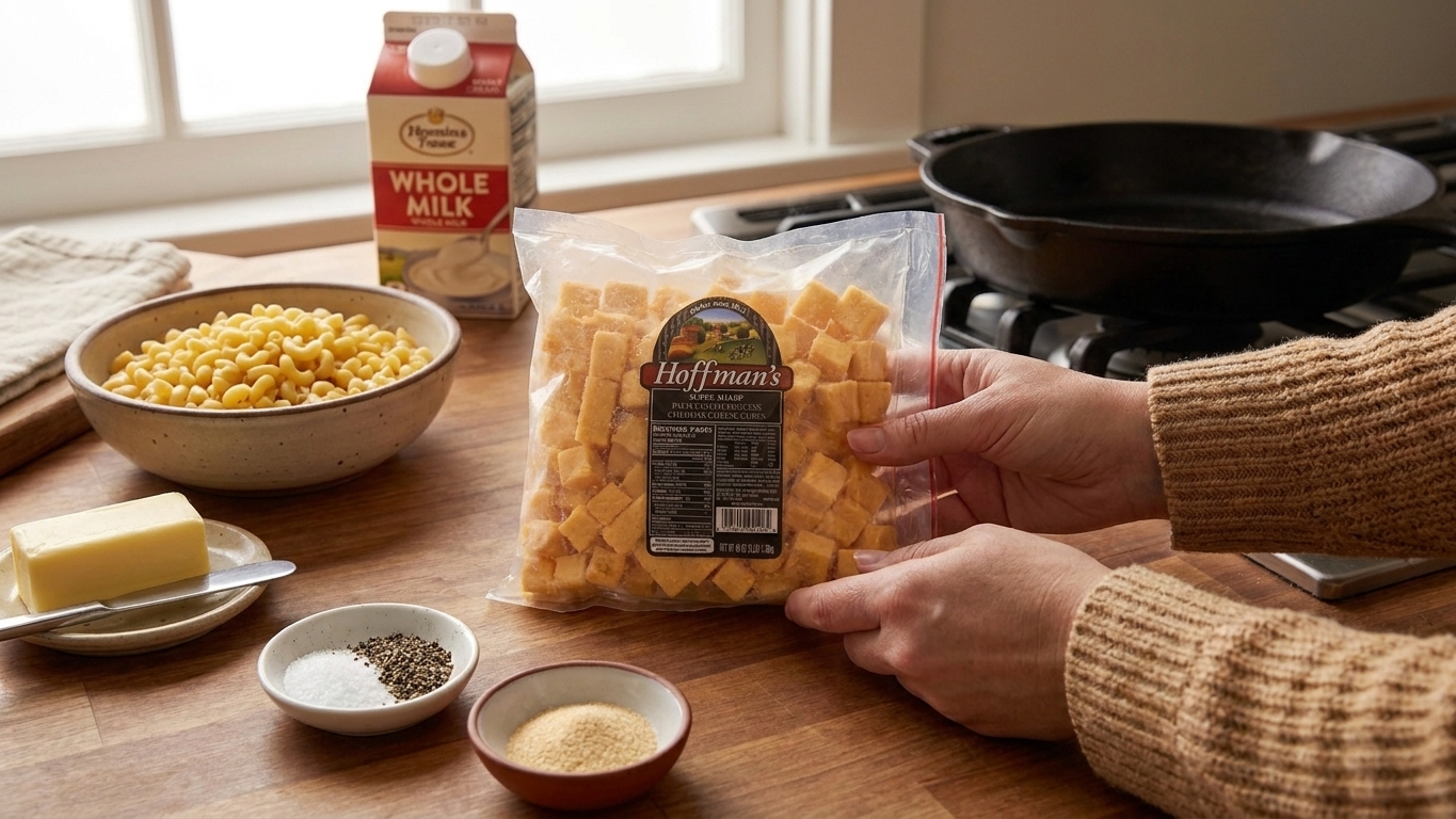 Elbow macaroni, cubed processed cheese, milk, butter, salt, pepper, and garlic powder arranged on a bright kitchen counter