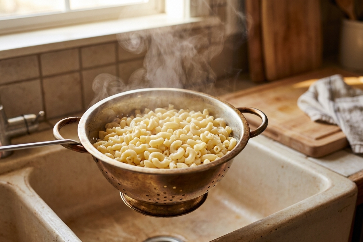 Elbow macaroni draining in a metal colander over a kitchen sink with steam fading