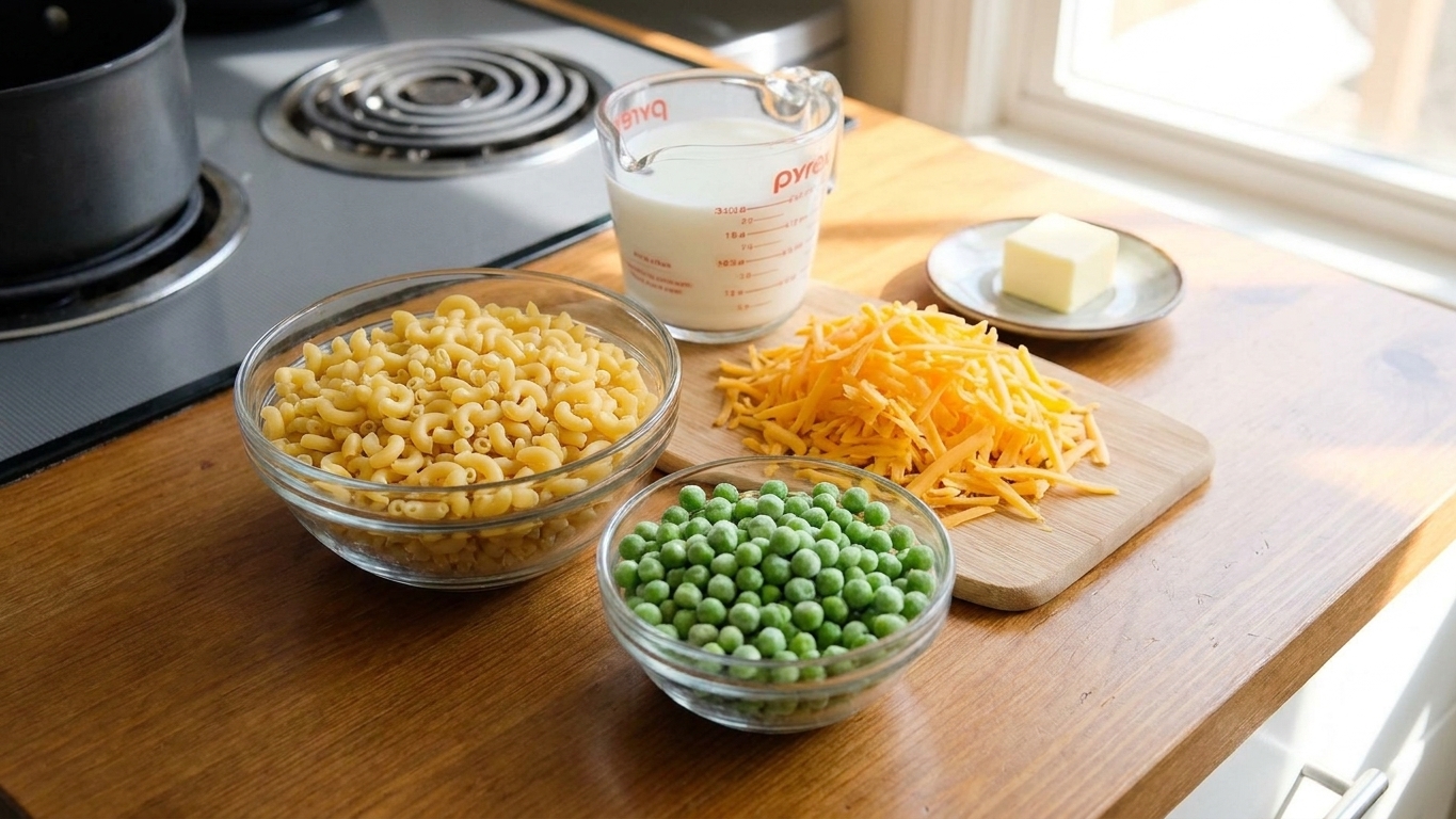 Elbow macaroni, frozen peas, shredded cheddar, milk, and butter measured on a clean kitchen counter in bright natural light