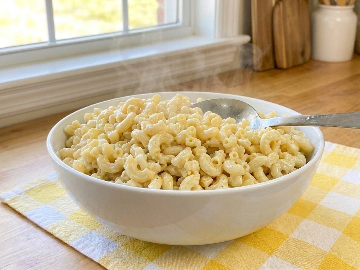 Elbow macaroni in a large bowl after being tossed with a vinegar and sugar mixture, the pasta glossy and warm