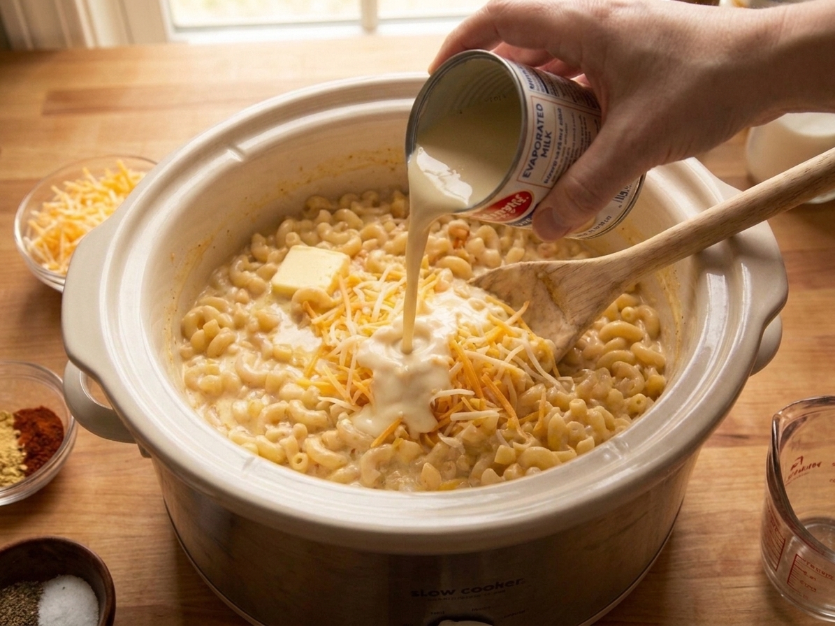 Elbow macaroni, shredded cheddar, evaporated milk, butter, and seasonings