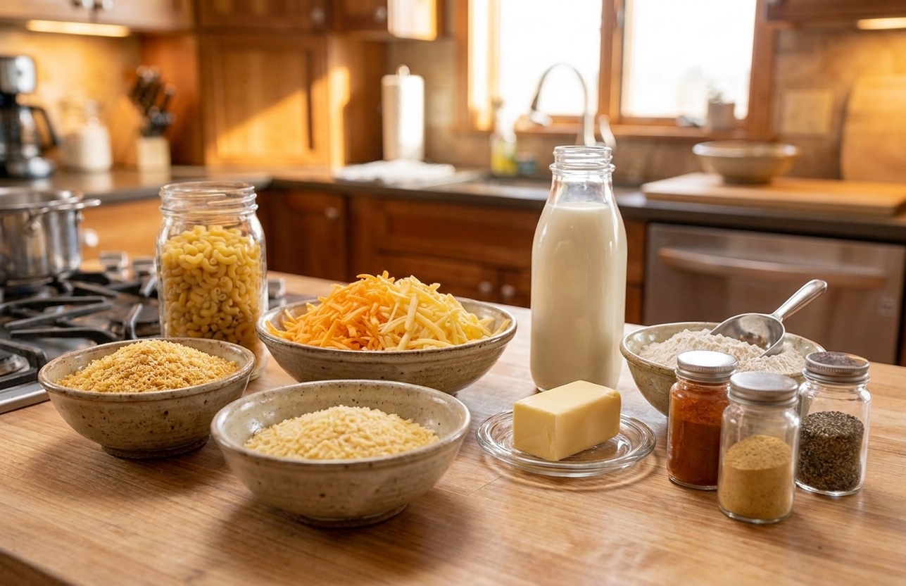 Elbow macaroni, shredded cheddar, shredded gouda, milk, butter, flour, spices, and breadcrumbs arranged together on a clean kitchen counter in bright natural light