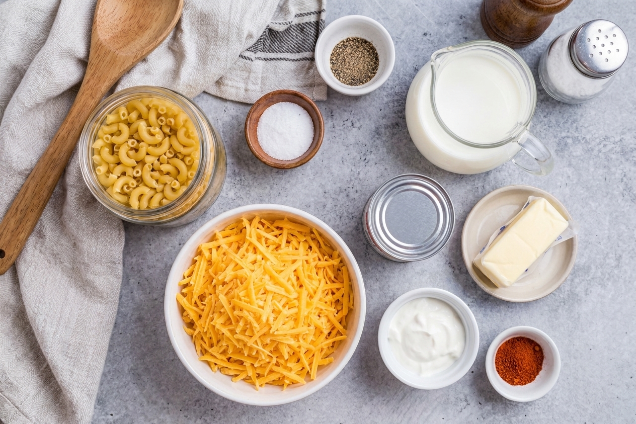 Elbow macaroni, shredded sharp cheddar, evaporated milk, whole milk, butter, sour cream, and seasonings arranged on a clean kitchen counter in natural light