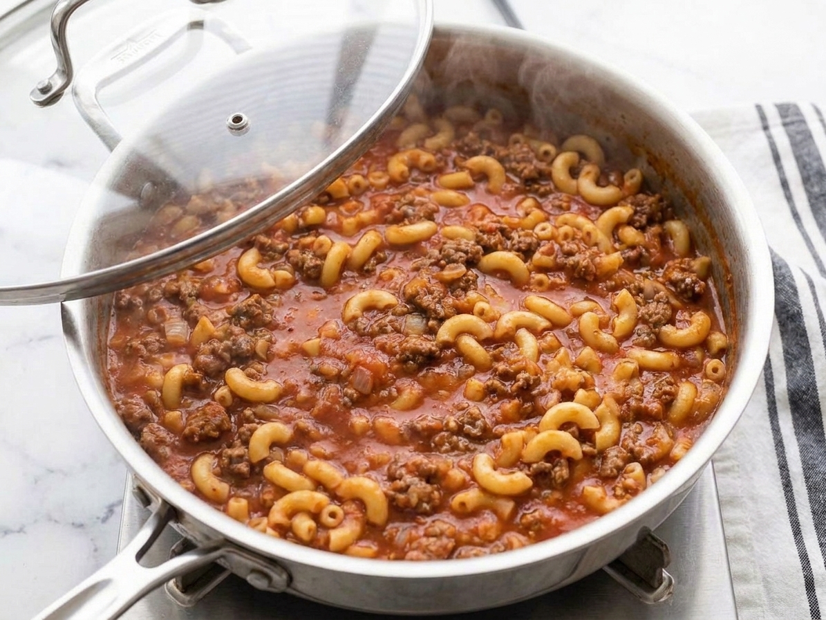 Elbow macaroni simmering in a beefy tomato sauce in a covered skillet on a stovetop