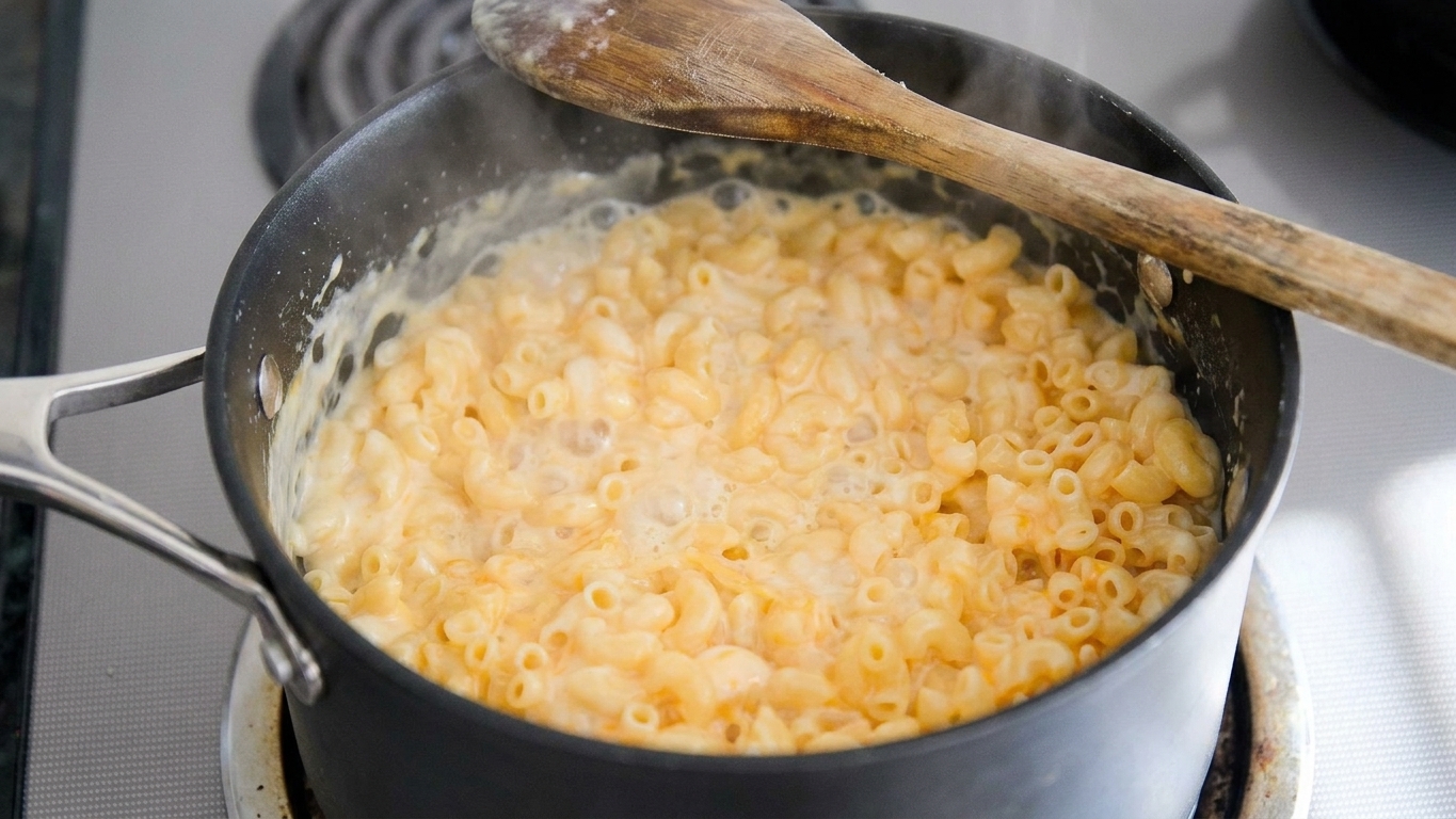 Elbow macaroni simmering in a saucepan on the stove with small bubbles and a wooden spoon resting on the rim