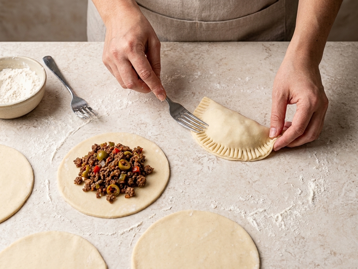 Empanada dough discs being filled on a floured counter and the edges being crimped with a fork