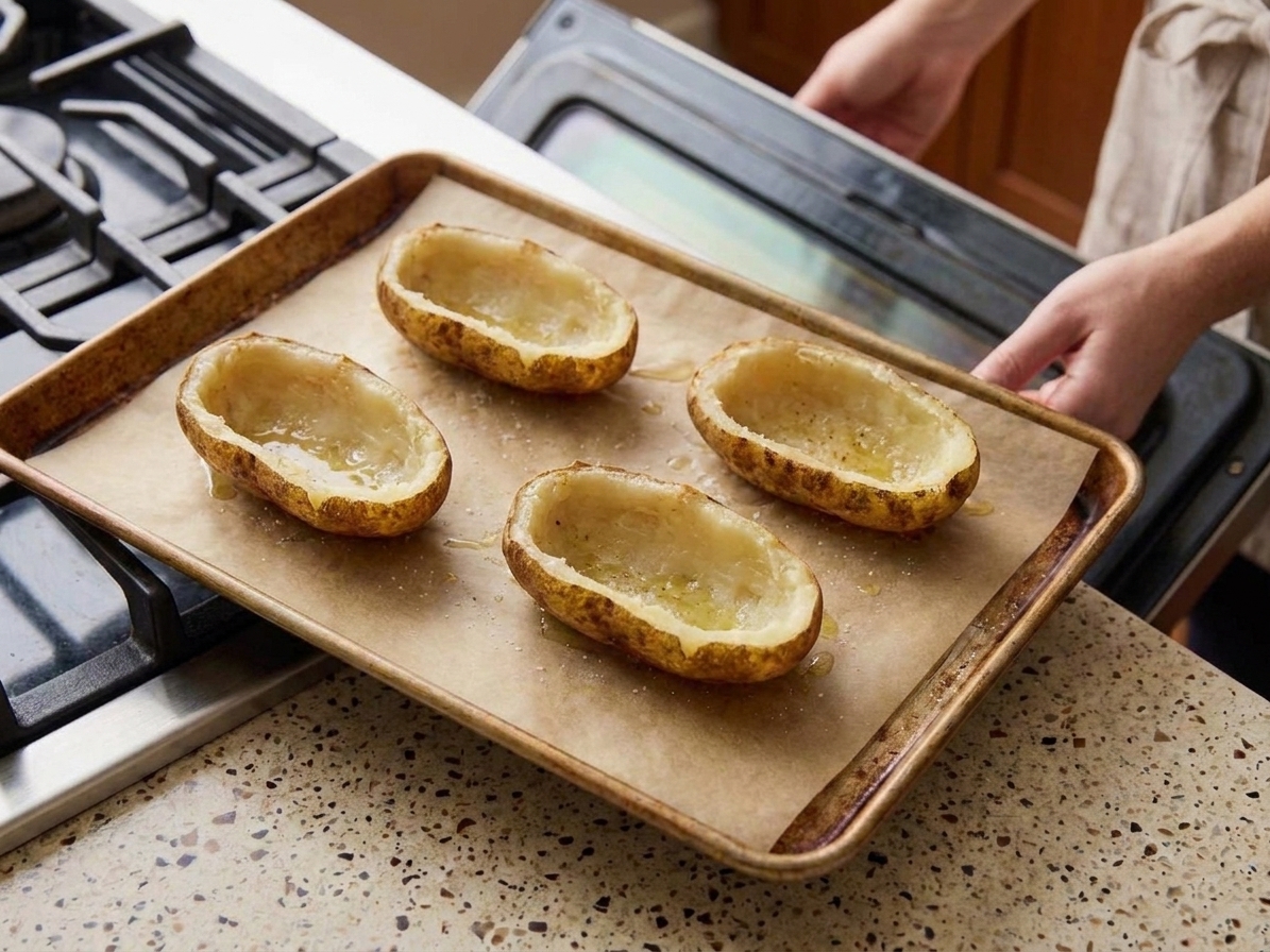 Empty baked potato skins cut-side up on a baking sheet, warming in the oven to crisp