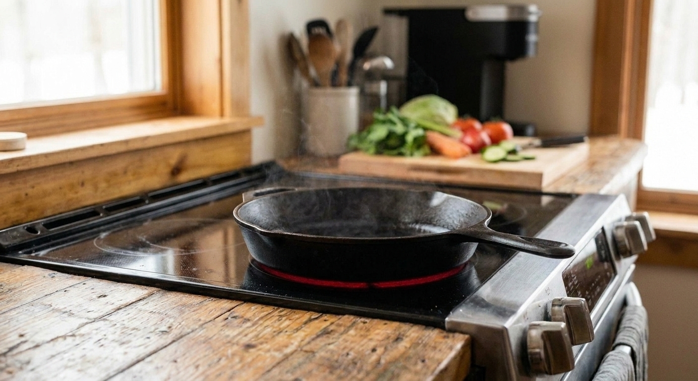 Empty cast iron skillet preheating on a stovetop burner with warm kitchen lighting