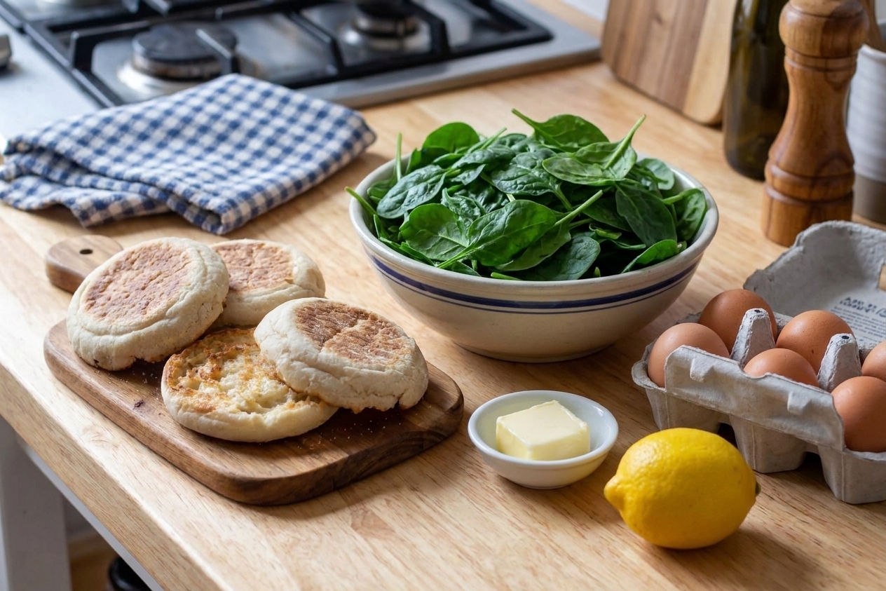 English muffins, fresh baby spinach, eggs, butter, and a lemon on a clean kitchen counter ready for making Eggs Florentine