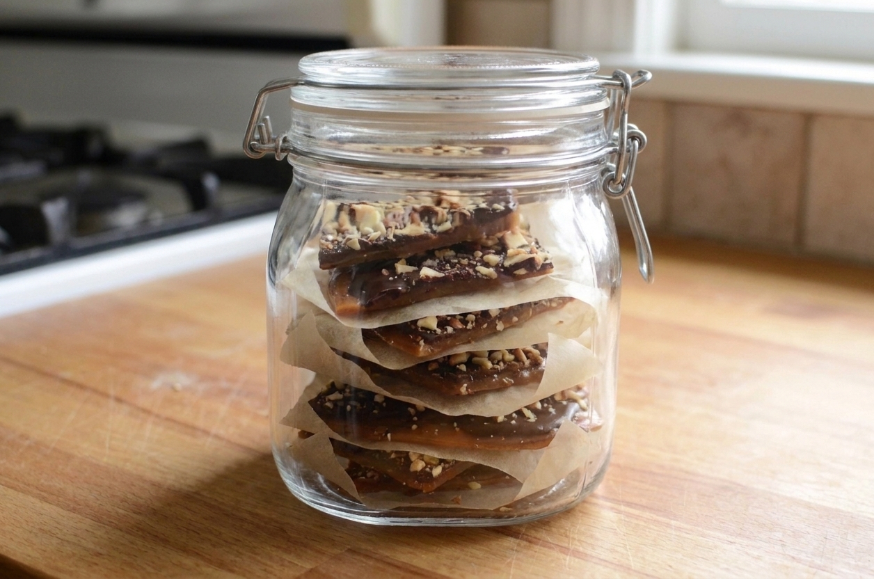 English toffee pieces stacked in an airtight container with parchment paper between layers on a kitchen counter
