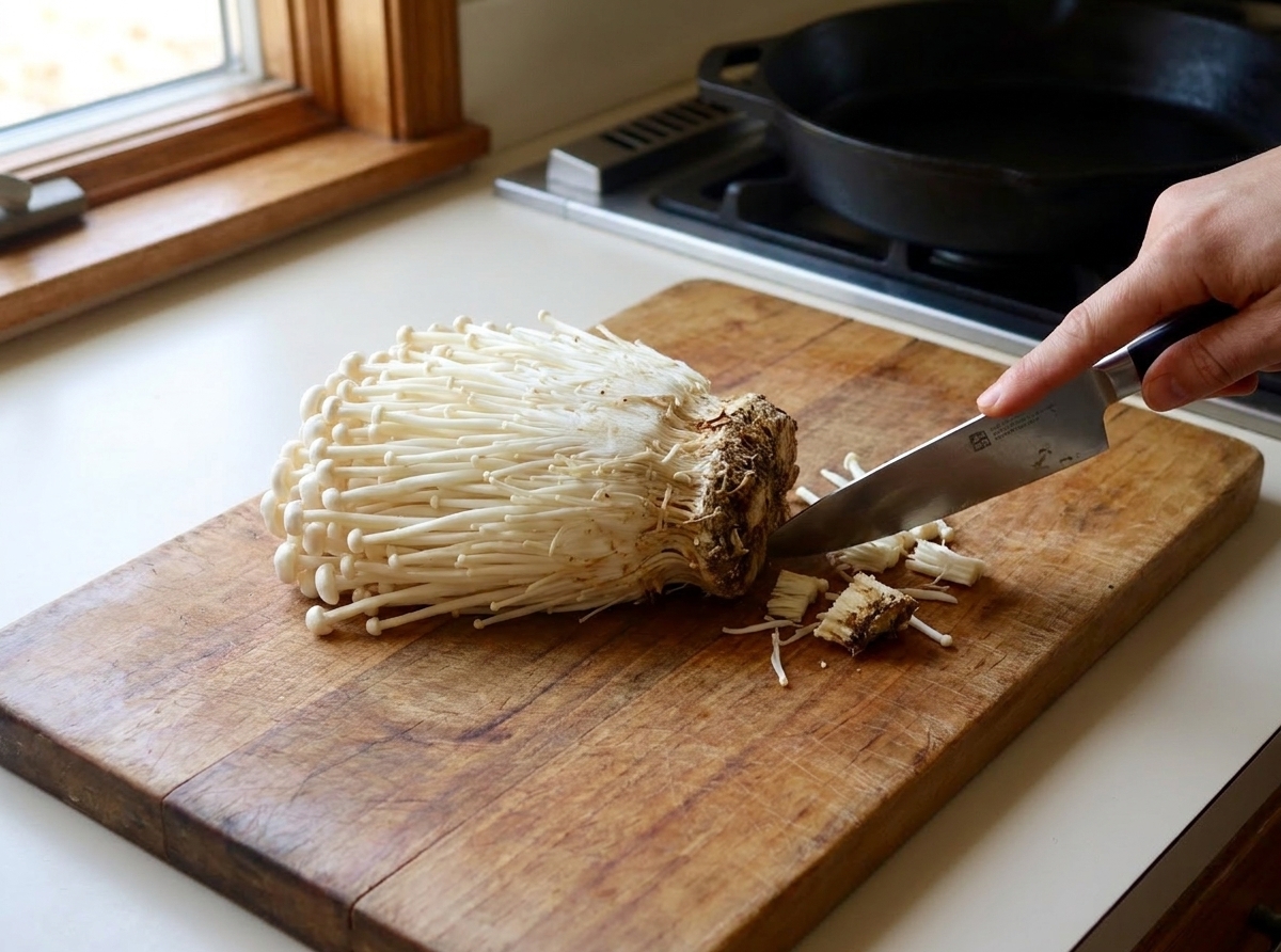 Enoki mushrooms on a wooden cutting board with the root ends being trimmed off using a chef’s knife on a clean kitchen counter