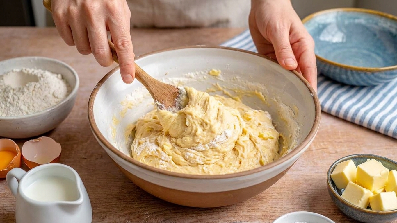 Enriched yeast donut dough being mixed in a bowl